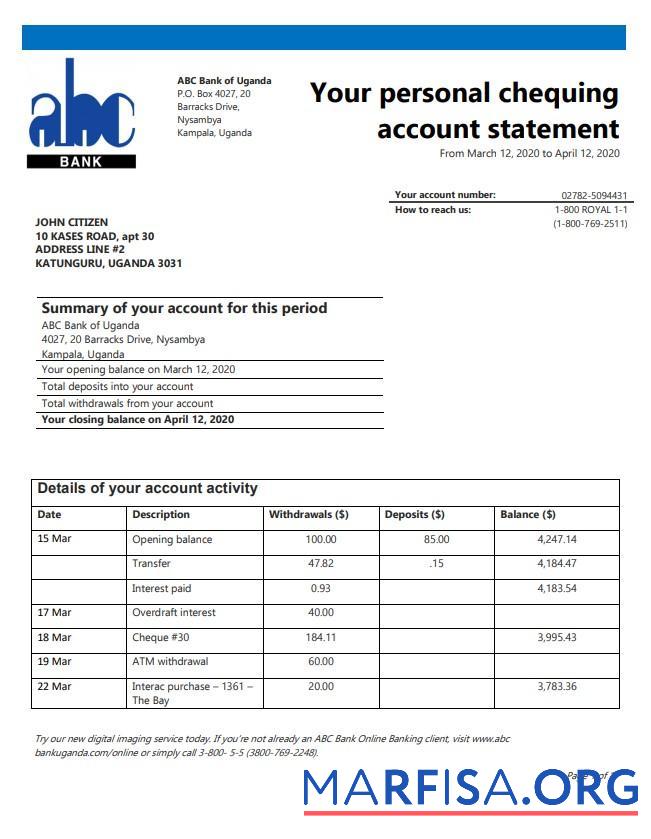 Blank Uganda ABC Bank of Uganda proof of address bank statement word real example